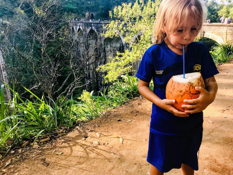 Drinking coconut juice at Nine Arch Bridge